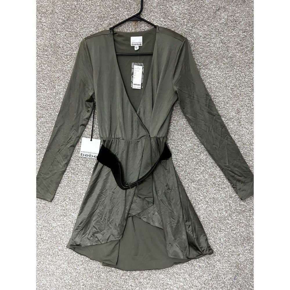 BEBE Kardashian Olive Green Hi Low Wrap Long Sleeve Belted Dress Size Medium